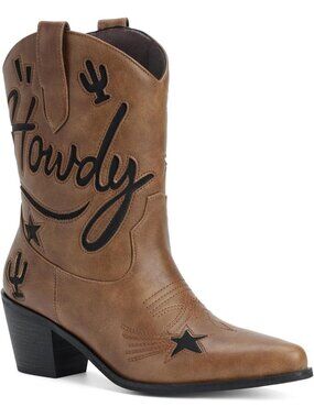 Women's Brown  Short Cowgirl Western Booties Chunky Heel Pointed Toe Low Boot